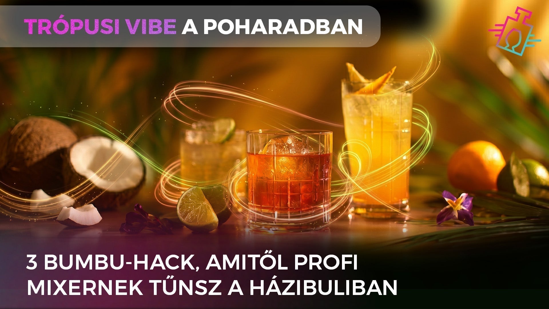 Három különböző trópusi rumkoktél elegáns üvegpoharakban, hangulatos, meleg sárga fénnyel megvilágított pulton, friss lime-mal, kókuszdióval és naráccsal körítve.