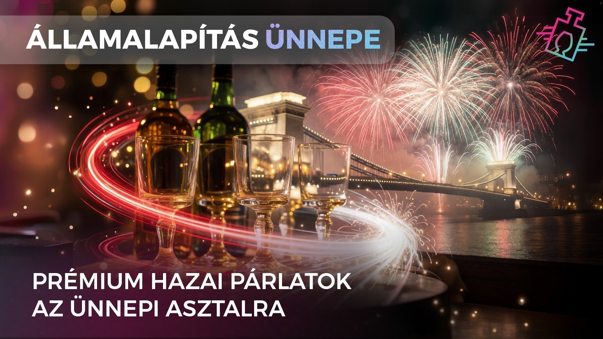 Üveg italok és poharak az államalapítás ünnepén, kivilágított Lánchíddal és tűzijátékkal a háttérben.
