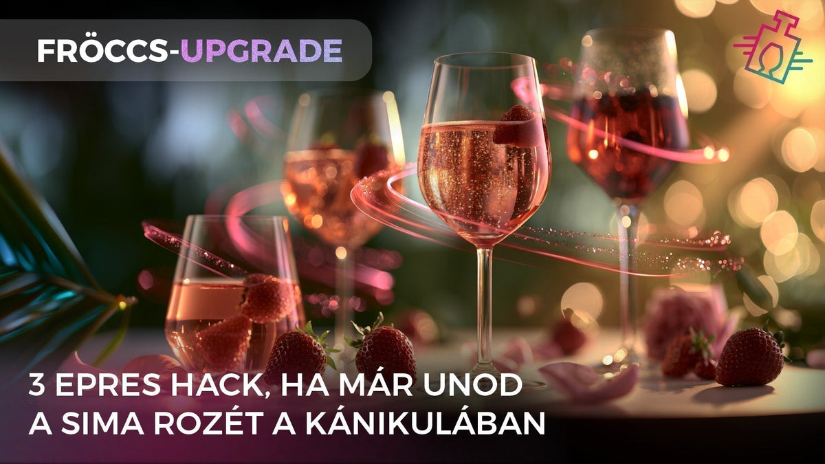 Gyöngyöző epres rozé fröccsök borospoharakban, friss eperkörettel és „Fröccs-upgrade: 3 epres hack” felirattal.