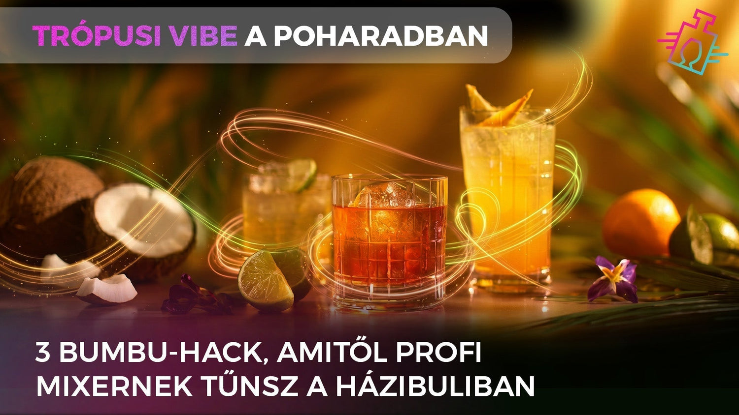 Három különböző trópusi rumkoktél elegáns üvegpoharakban, hangulatos, meleg sárga fénnyel megvilágított pulton, friss lime-mal, kókuszdióval és naráccsal körítve.