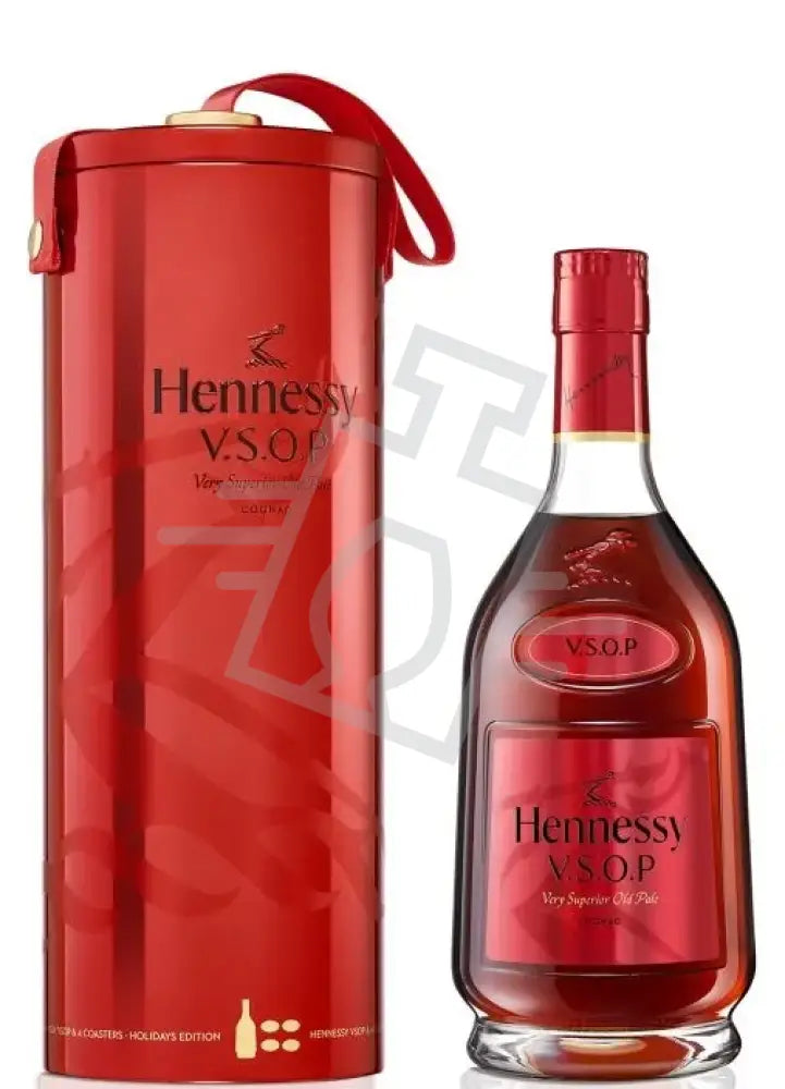 HENNESSY Konyak VSOP 0,7l 40% FÉMDD. + 4 alátét Holidays 2022 Edt. (piros)